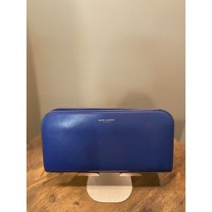 Saint Laurent Rive Gauche Leather Zip Around Wallet Blue
